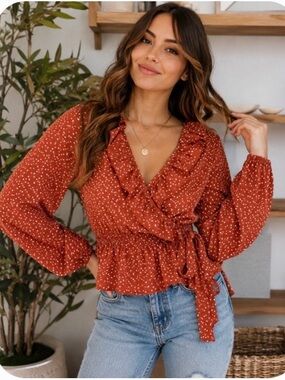 Papaya Rust Polka Dot Ruffle Wrap Top Boho Smocked Waist M NWT